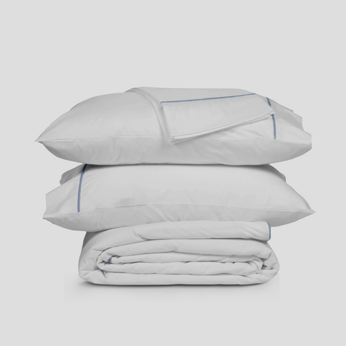 Light Blue Crisp Cool Organic Percale Piped Duvet Set