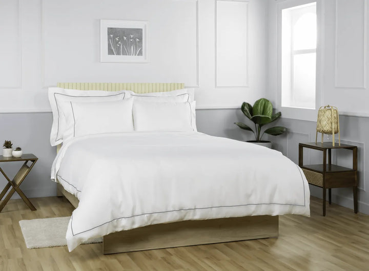 Luxury Organic Sateen Embroidered Oxford Pillowcase Set White/Grey