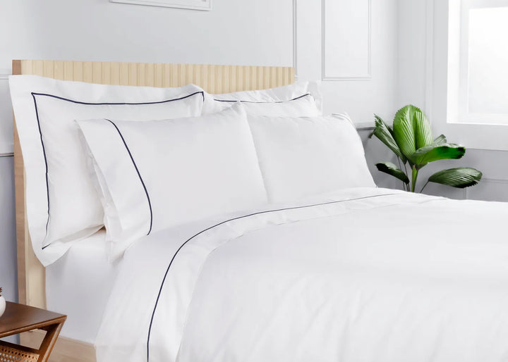 Luxury Organic Sateen Embroidered Oxford Pillowcase Set White/Navy Blue